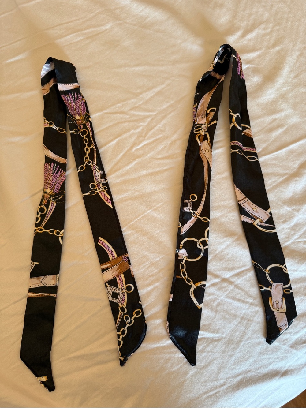 2 xTwill Silk Scarf Ribbon Belt Print Head Bag Neck Tie 34” Black Chain Keychain